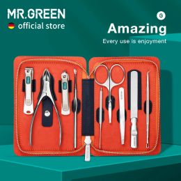 Blade Mr.green Manicure Set 9 in 1 Professional Practical Kit with Leather Case Stainless Steel Nail Clippers Personal Care Tool