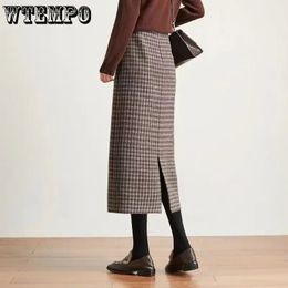 WTEMPO Classic Plaid Midi Skirts Women Autumn Vintage Elegant Office Ladies Behind Slit Designed All-match Harajuku Fashion 240408