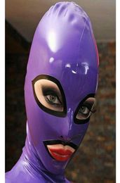 100 Pure Latex Hood open Eyes and Mouth for Beautiful Girl Purple Rubber Fetish Mask Cosplay Party Wear Costume3771406