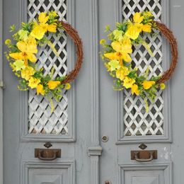 Decorative Flowers 34cm Rose Wreath Gift Yellow Door Hanging Rattan Circle Plastic Spring