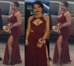 Sexy Burgundy Mermaid Prom Dresses Cutouts Split Long Sexy Maroon Evening Gowns Black Girl Fashion Couples Prom Party Gowns9944206