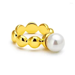 Cluster Rings Geometry Art Bead Round Ring For Women Gold Colour Waterproof Minimalist Big Pearl Street Fashion Jewellery OEM