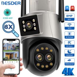 Cameras BESDER PTZ IP Camera 8MP Outdoor Dual Screens 8X Digital Zoom AI Auto Tracking Audio 4MP CCTV Wifi Surveillance Camera iCSee App