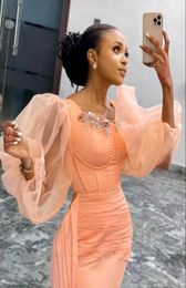 2021 Extra Puffy Sleeves Aso Ebi Evening Gowns Long Sleeve Crystals Beaded Mermaid Shape Plus Size Women Prom Dresses9547101