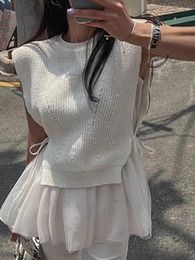 Work Dresses Women Mesh Ruffle Vest O Neck Tied Bow Knit Tank Top 2024 Summer Tide Elegant Female Fashion Two-piece Suits Y996