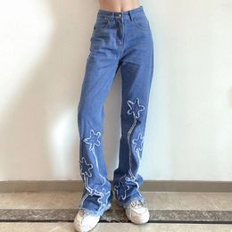 Women's Jeans Street Fashion Star Patch Embroidery Washed Vintage Blue Straight Casual Pants High Waisted Full Length Slim