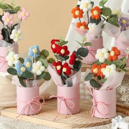 Decorative Flowers Colorful Crochet With Bucket Knitted Woven Simulated Flower Handmade Artificial Potted Plant Valentine's Day