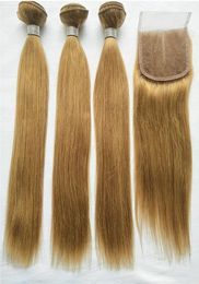 Brazilian Blonde Human Hair 3 Bundles with Lace Closure Colored 27 Brazilian Straight Remy Human Hair Weave Extensions With Closu8049472