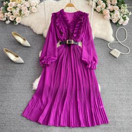 Casual Dresses Chic Ruffle Pleated Puff Long Sleeve V Neck Dress Chiffon A-line Fashion Women Elegant Vestidos