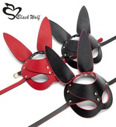 Sexy Cosplay PU Leather Rabbit Mask Long Ears Black BDSM Bondage Erotic Fetish Halloween Masquerade Sex Costume Y2011186050302