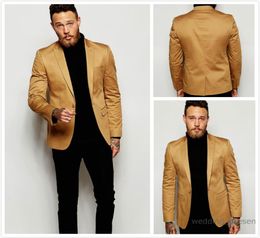 2016 Gold Blazer Slim Fit Tuxedo Suits For Groom Groomsmen Peaked Lapel Wedding Suits Custom Made Prom Mens Suits with Black Pants1728950