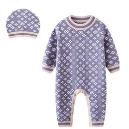 Newborn kids letter floral knitted rompers with hat 2pcs sets baby designer clothing infant boys jumpsuits toddler girls soft comfortable bodysuits Z7589