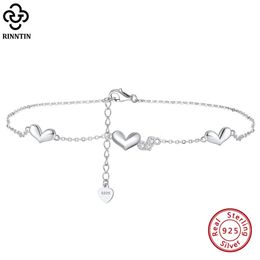 Rinntin Love Heart Chain Anklets for Women 925 Sterling Silver Fashion Summer 14K Gold Foot Bracelet Ankle Straps Jewelry SA30 240408