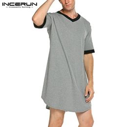 INCERUN Mens Nightgown Fashion Patchwork Sleep Robe Solid Colour Sleepwear Man Short Sleeve Bathrobe Loose V Neck Nightwear S5XL 240408