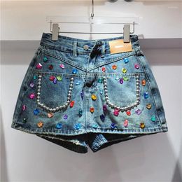 Women's Jeans Patchwork Diamonds Shorts For Women High Waist Single Breasted Hit Colour Slim Irregular Hem Short Trousers Female 2024