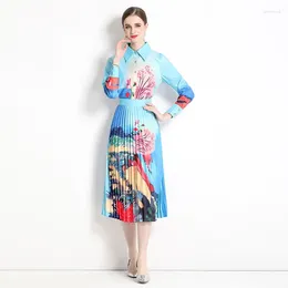 Work Dresses Women's Spring Shirt And Skirt Set Elegant Pastoral Landscape Painting Blouses Pleated 2-Piece Summer 2024