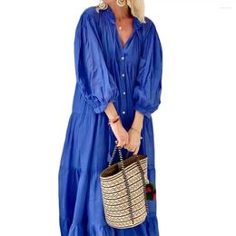 Casual Dresses Women Cotton Linen Dress Elegant Stand Collar Maxi With Patchwork Detailing V Neck Design For Long Sleeve Solid