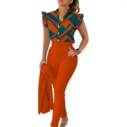 Women's Two Piece Pants 2 Pcs/Set Women Outfit Top Shirt Suit Set Flying Sleeves Color Matching OL High Waist With Belt Slim