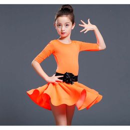 Children's Costume Latin Girl's Medium Sleeved Dance Practice Suit Flat Angle Pants Split Black with Belt Set