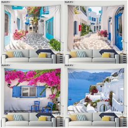 Tapestries Greek Street Landscape Tapestry Blue Door Window White Architecture Nature Flower Garden Wall Hanging Home Living Room Bed Decor