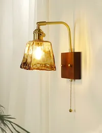 Wall Lamps Japanese Retro Lamp With Pull Switch Modern Simple Bedroom Bedside Wooden American Brass Glass Lights