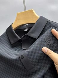 High end fashion lapel plaid short sleeve Tshirt men 2023 Summer designer brand printing trend casual ice silk cool POLO shirt 240402
