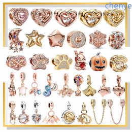 925 Silver Fit Charm Rose Gold Bead Pumpkin Stars Paw Print Heart Shaped Bead Dangle Fashion Charms Set Pendant DIY Fine Beads Jewelry