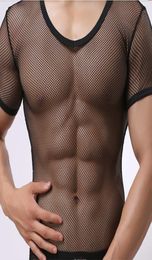 Casual Solid Tight Sexy Mens Fitness Super Thin Shapewear Transparent Mesh See Through Short Sleeve T shirt Tops Tees Undershirt9705409