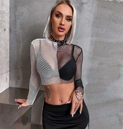 Women039s TShirt Tops Tees Fishnet matching Colour long sleeve round neck see through the street style top2800179