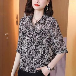 Women's Blouses Office Lady Elegant Turn-down Collar Blouse Vintage Rose Printed Summer Casual Half Sleeve Stylish Single-breasted Shirt