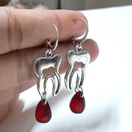 Charm Gothic Jewelry Teeth Red Beads Earrings Women Punk Fashion Drop Earrings Grunge Accessories Korean Charms Earings240408