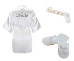 New 3pc set of glitter silver bride robe satin short robe women slippers bridal sash wedding Party2261714