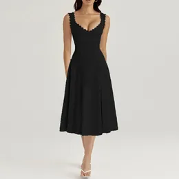 Casual Dresses Summer Elegant Lace Up Black Dress Long A Line Midi Party Double Layer Women 2024 Arrivals