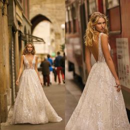 Berta Beloved Wedding Dresses Sexy Deep V Neck Full Appliques Bridal Gowns Open Back Sweep Train A Line Wedding Dress Robe