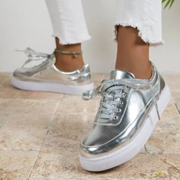 Silver Boat Shoes For Women Thick Platform Casual Sneakers Height Increasing Lace Up Footwear Round Toe Ladies Flat Sapato 240329