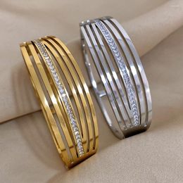 Bangle ALLYES 316L Stainless Steel Zircon Bracelets For Women Fashion Gold Silver Color Multilayer Line Wide Bangles Waterproof Jewelry