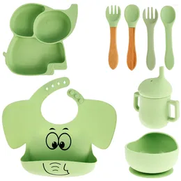 Bowls 8Pcs Baby Feeding Set -grade Silicone Tableware With Suction Plate Bowl Spoon Fork Drink Cup Adjustable