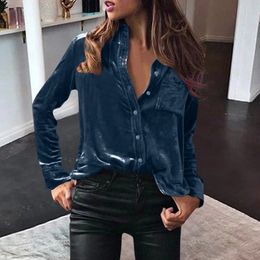 Spring Elegant Velvet Shirts Womens Long Sleeve Solid Shirt Button Pocket Vintage Ladies Up Tops 240326