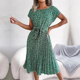 Party Dresses Lace Up Pleated Floral Midi Dress Women Spring Summer Short Sleeve High Waist Chic Elegant Chiffon A-Line Long