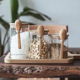 Storage Bottles Glass Sealed Jar Kitchen Grocery Dried Fruit Bottle Bamboo Wooden Lid With Spoon Household Transparent