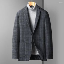 Men's Suits Korean Style Men Plaid Wool Blazer Classical Gray Navy Brown Sheep Suit Jacket Checkeded Pattern Coat Outfit Male Garment