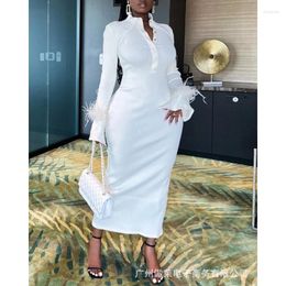 Casual Dresses 2024 Autumn Women's White Knitted Sunken Stripe Long Sleeve Feather Lapel Mid-Length Dress