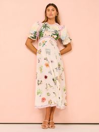 STYLISH LADY Palm Printed Holiday Dress 2024 Summer Women Lantern Sleeve O Neck High Waist Beach Vocation Long Dresses