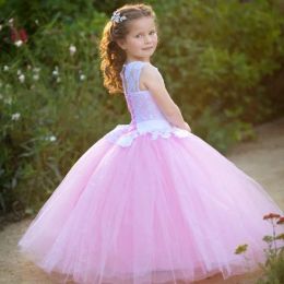 Dresses Cute Ball Gown Flower Girls Dresses Lace Tulle Floor Length White Pink Children Wedding Holiday Birthday Party Dresses