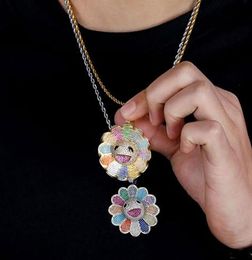 14K Gold Plated Spinning Sun Flower Rainbow Diamond Pendant Necklace with 3mm 24inch Rope Chain Hiphop Jewelry6314551