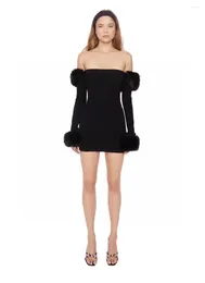 Party Dresses Brand Design Faux Fur Off Shoulder York Fashion Celebrity Spicy Girl Black Dress