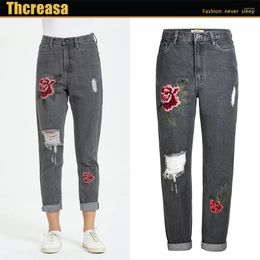 Women's Jeans Autumn And Winter Embroidered High Waist Straight Street Bf Wind Ripped Boyfriend For Women