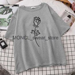 Men's T-Shirts Simple style beautiful black rose printed womens T-shirt casual O-neck clothing brand fun oversized H240408