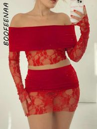 Work Dresses BOOFEENAA See Through Lace Mesh Two Piece Set Off Shoulder Crop Top And Mini Skirt Sexy Clubbing Outfits For Women 2024