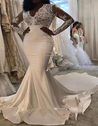 2019 Vintage Long Sleeve VNeck Lace and Satin Mermaid Wedding Dresses New Arrival Plus Size Ruffle Long Train Zipper Back Bridals1892871